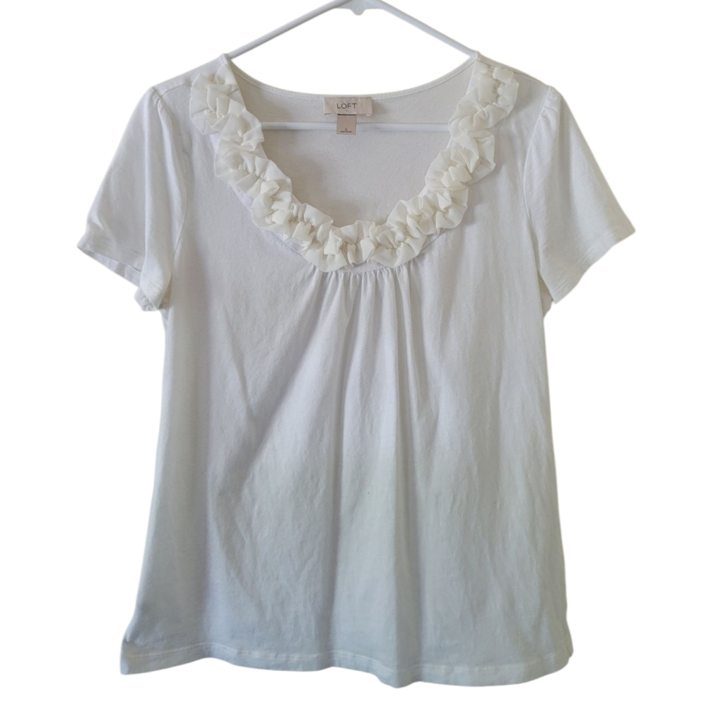 LOFT White Ruffle Scoop Neck Short Sleeve Top